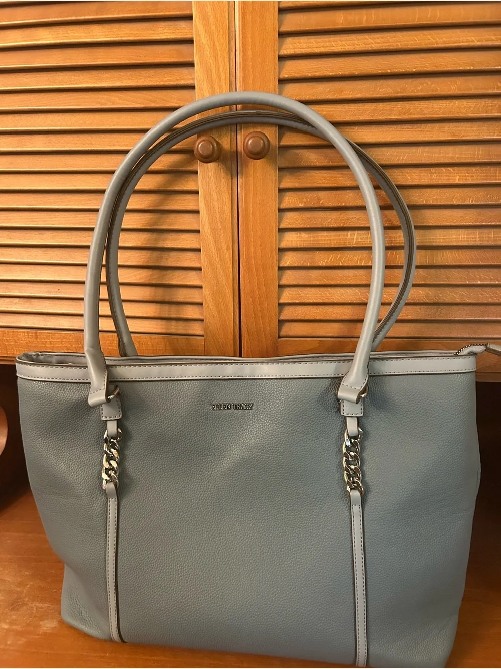 Ellen Tracy Light Blue-Gray Double-Handle Tote with Chain Accents